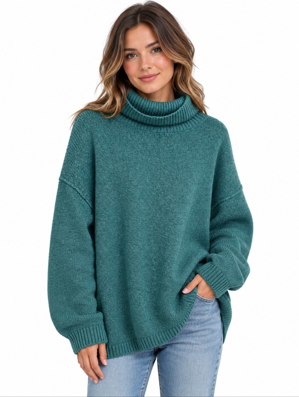 PrettyGarden Teal Oversized Turtleneck Sweater Women’s Large Cozy Knit